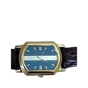 Vintage Oscar de la Renta Watch Leather Strap with Green and Gold Enamel Dial